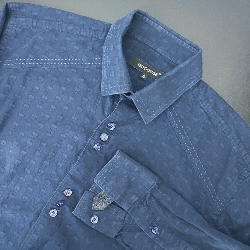 Bogosse Shirt‎ Mens 4 Large Blue Skull Jacquard Button Down Long Sleeve Cotton